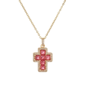 Gold cross necklace featuring pink square zircon stones and clear halo crystals