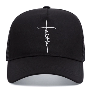 Black mesh baseball cap with white faith cross embroidery for summer sun protection