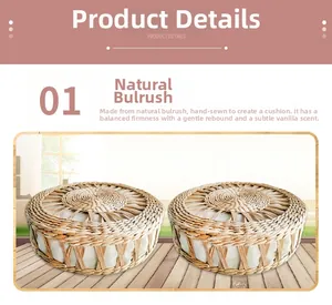 Detailed close-up of handmade woven rush grass tatami floor cushions for indoor use