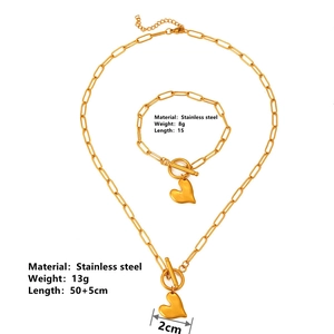 Stainless steel 18k gold plated heart pendant necklace and bracelet set with OT toggle