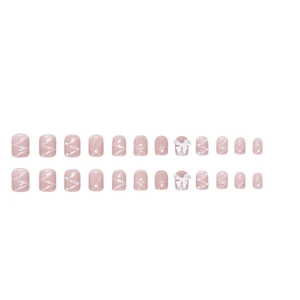 Faux ongles courts carrés roses avec vagues pailletées, perles et nœuds argentés 3D