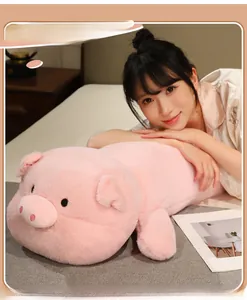 Detail of pink long plush pig toy showing soft texture and comfortable body pillow use