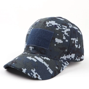 Detail of digital camouflage tactical cap featuring front hook and loop patch area