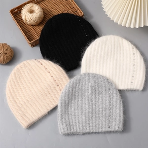 Winter knit rabbit hair beanies in four colors with stylish rhinestone accents