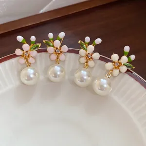 Blumen Künstliche Perlenohrringe Mit 925 Sterling Silber Ohrstecker 18K Vergoldet Zirkon Emaille Elegante Schmuck Für Frauen