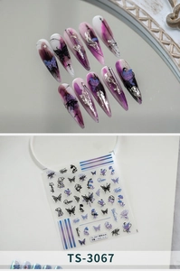 Detail of TS-3067 nail stickers with blue butterfly motifs and city names on purple base