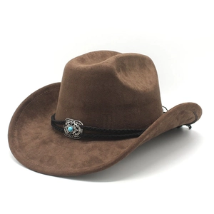 Classic brown suede western cowboy hat with woven band and turquoise silver buckle