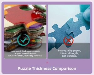 Macro side view comparing upgraded thick cardboard puzzle pieces with standard thin paper