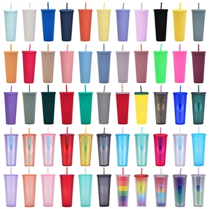 Detailed grid view of assorted 710ml studded plastic tumblers with shiny rainbow finishes