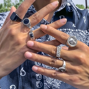Mens vintage silver skull and black crystal ring set with Revenge engraving