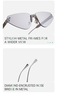 Détail du pont argenté serti de diamants sur des lunettes de soleil sans monture femme