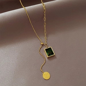 Retro Emerald Rectangular Pendant Necklace Titanium Steel Asymmetrical Chain Adjustable Clavicle Neck Chain For Women