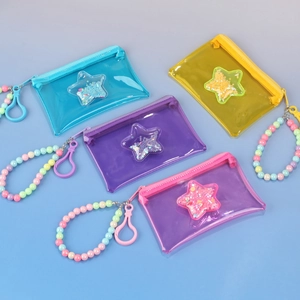 Porte-monnaies en PVC transparent à paillettes d'étoiles avec bracelets perlés