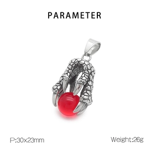 Detailed view of silver dragon claw pendant holding a red bead with size and weight specs