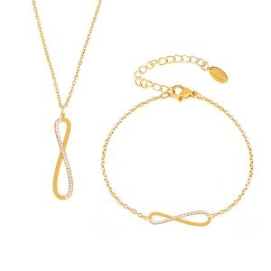 Infinity symbol jewelry set with gold stainless steel necklace and zircon bracelet