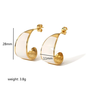 18K gold plated stainless steel crescent earrings with white enamel and pleated texture