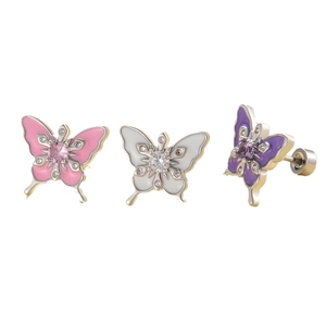 Three colorful butterfly ear studs in pink, white, and purple enamel with gemstones
