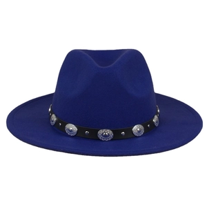 Dark blue fedora jazz hat with black leather band and vintage silver studded ornaments