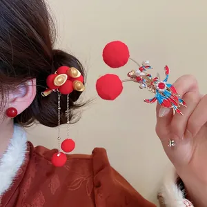 Red Pom Pom Gold Ingot Tassel Hair Clip Alloy Imitation Artificial Pearl New Chinese Style Festive Duckbill Clip For Women