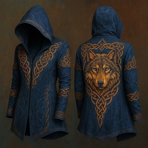 Detail of hooded cardigan featuring a Celtic wolf print and intricate blue sleeve patterns