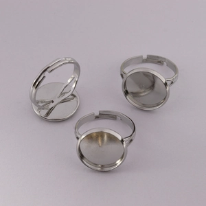 Silver adjustable ring base with flat round tray for DIY jewelry making accessories