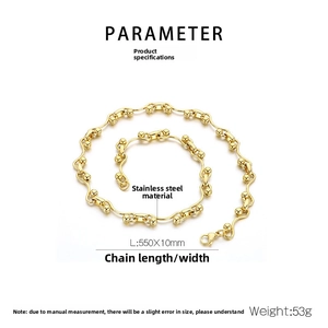 Golden stainless steel chain necklace specs showing 550mm length and 10mm width detail