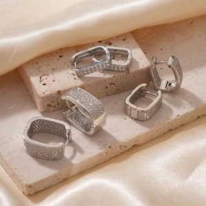 Polished S925 silver rectangular hoop earrings with sparkling white cubic zirconia stones