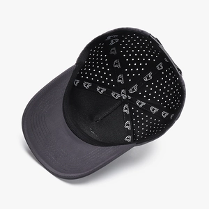 Deep grey polyester baseball cap with laser-cut breathability and branded inner webbing
