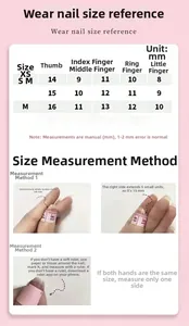 Size guide for short press-on nails in XS, S, and M with measurement instructions