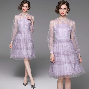 Elegant Purple Lace Embroidery Mesh Midi Dress Long Sleeve Artificial Pearl Round Neck Tiered Cake Skirt For Women
