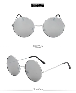 Close-up detail of vintage round sunglasses with silver metal frames and reflective lenses