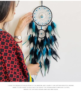 Detail of dream catcher featuring teal feathers and turquoise stone held by hand
