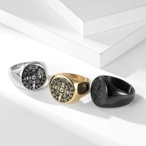 Saint Benedict medal cross rings in silver, gold and black stainless steel for men