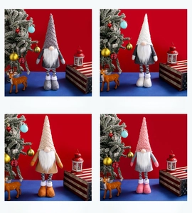 Detail view of 210g non-woven Christmas gnomes with long legs in four festive colors
