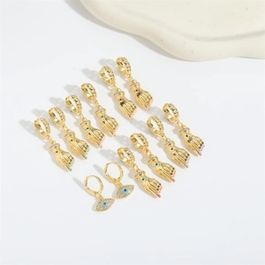 Vintage gold Hamsa Hand and Evil Eye earring set with colorful enamel and crystals