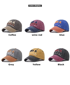 Matrix layout of washed cotton USA embroidery baseball caps in six vintage colors