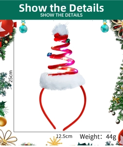 Detail view of glowing Christmas tree headband with LED lights and colorful jingle bells