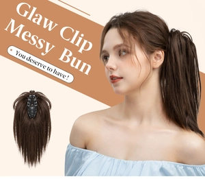 Detail of dark brown messy bun claw clip showing the synthetic hair texture and model use