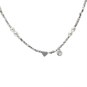 French style silver pearl necklace with heart pendant and bow details for women
