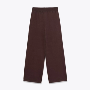 Women's dark brown knit wide-leg trousers with elastic waist in minimalist casual style