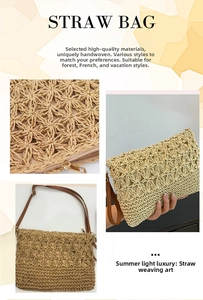 Detail of hollow-out floral weave texture on straw bag with secure zipper and leather strap