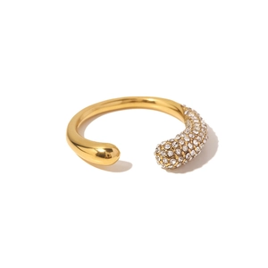 18K gold plated stainless steel open ring featuring a teardrop end and white zircon stones
