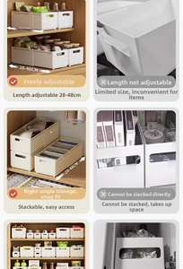 Detail of adjustable cream plastic organizer box extending from 28 to 48cm for deep cabinets