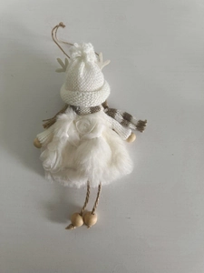 Detail of plush Christmas angel ornament featuring knit hat with antlers and striped scarf