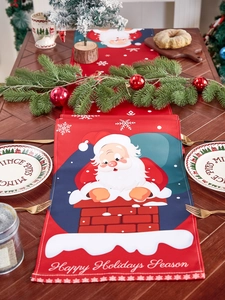 Detailed Christmas table runner with Santa Claus pattern and Happy Holidays text