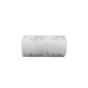Detail of a rectangular silicone mold featuring an embossed hello letter design for DIY