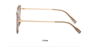 Side view of golden brown cat-eye glasses with metal and acetate frame on white background