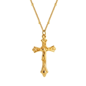 18K gold-plated stainless steel crucifix cross pendant necklace with beaded metal chain