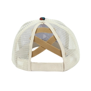Beige mesh baseball cap with criss-cross ponytail back design for women's high messy buns