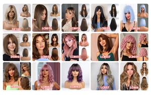 Grid layout showing various long straight and wavy synthetic wigs in ombre and solid colors